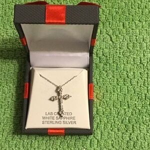 NWT Sterling Silver Cross Necklace with White Sapphire